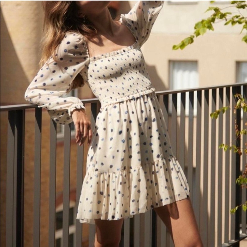 Wilfred Cream and Blue Polka Dot Long Sleeve Dress